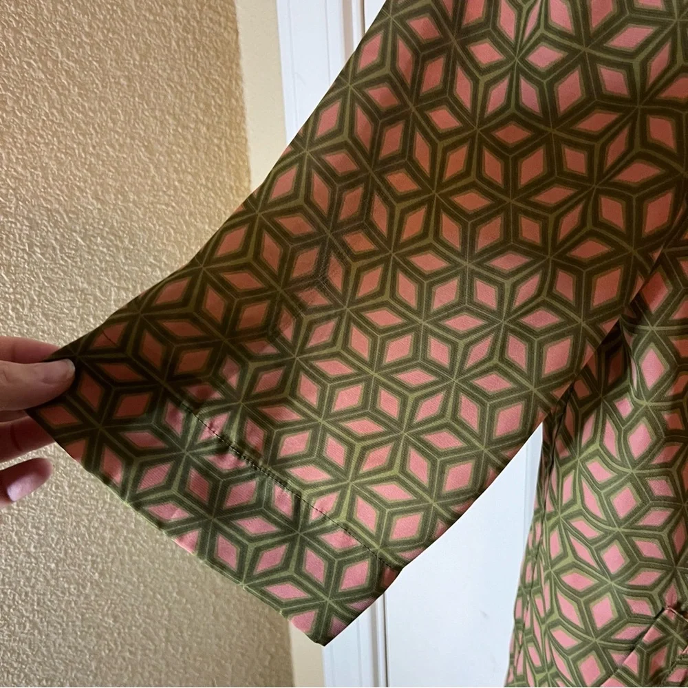 Retro Fossil A-Line Dress | Mid Century Mod Pink Green Geometric Pattern Size M